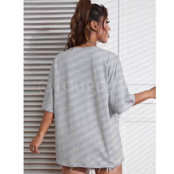 Gray Oversized Tee Crewneck Short Sleeve Printed Black White Appliqué Mona Lisa - Picture 4 of 8